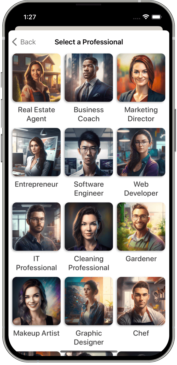 EpicBot AI iOS app persona picker grid for selecting a professional such as a business coach or software engineer