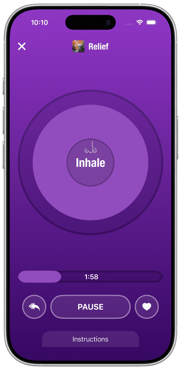 HarmLess iOS app guided breathing exercise showing the inhale phase and a session timer