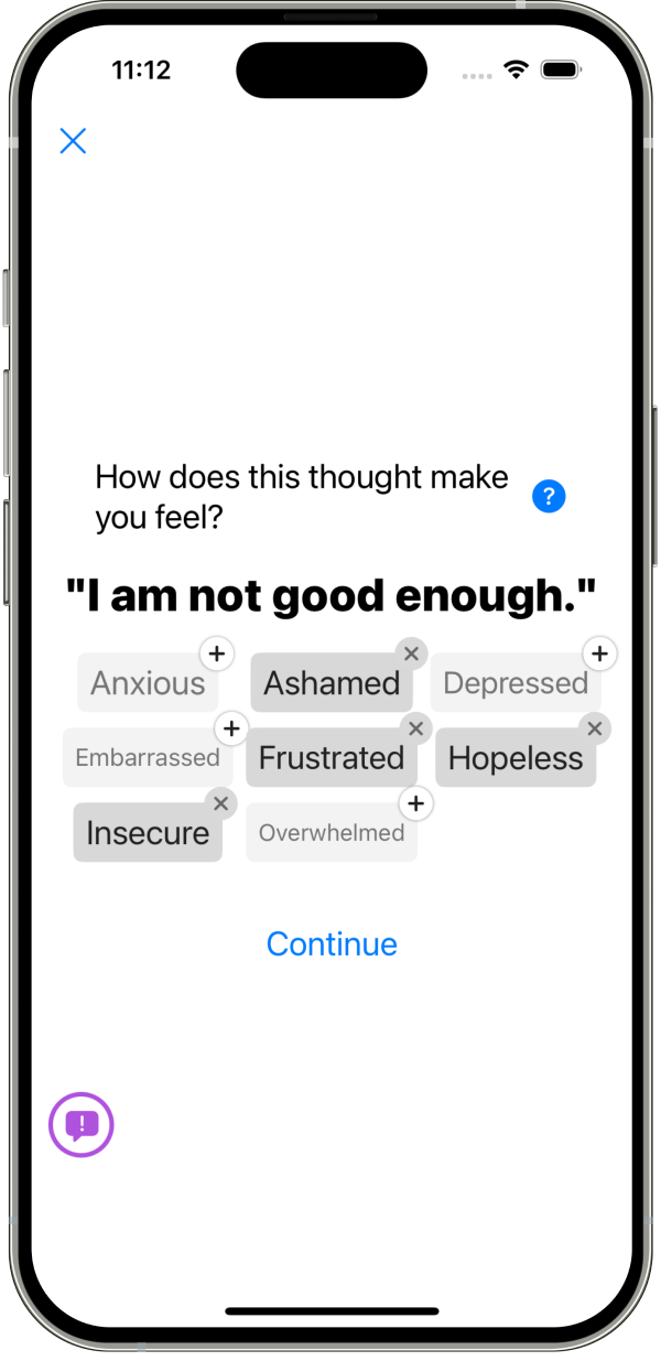 Mental Shift iOS app screen for tagging the emotions attached to a negative thought